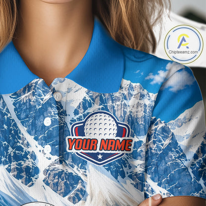 Blue shirt with mountain design and customizable text overlay