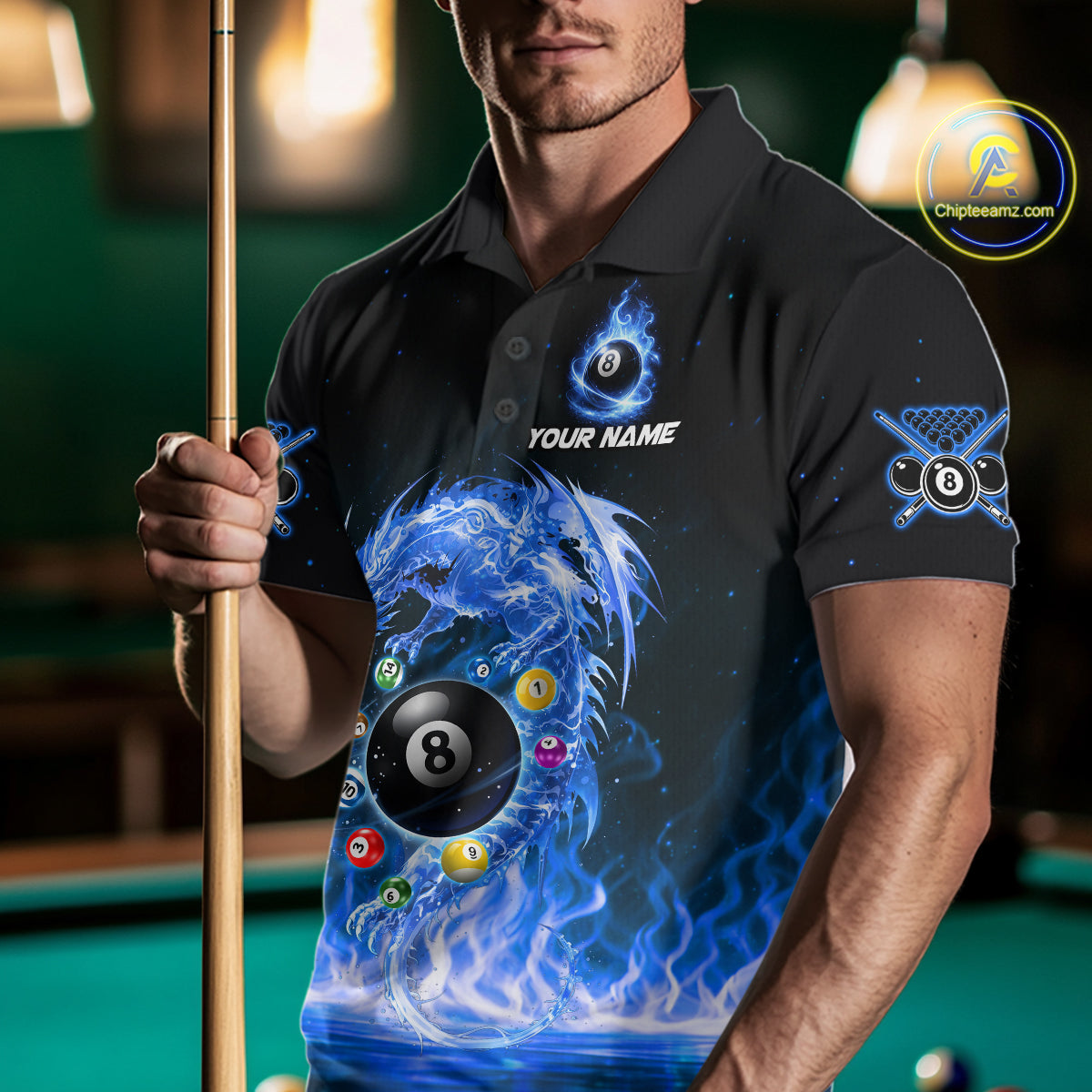 Fire Flame Dragon Pool 8 Ball Men's Billiard Shirt Custom Billiard Team League Attire|Blue NYN2557