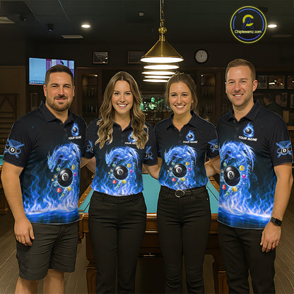 Fire Flame Dragon Pool 8 Ball Men's Billiard Shirt Custom Billiard Team League Attire|Blue NYN2557