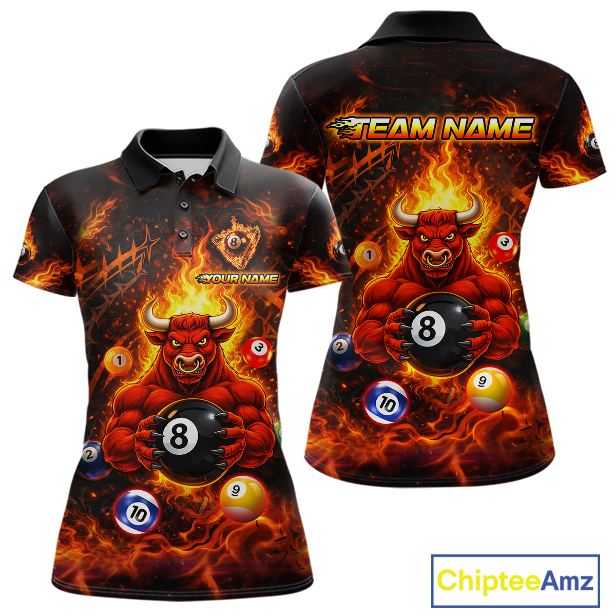 Fire Flame Funny Bull Plays Pool Ball Billiard Shirt For Women Custom 8 Ball Billiard Team Attire NYN2565