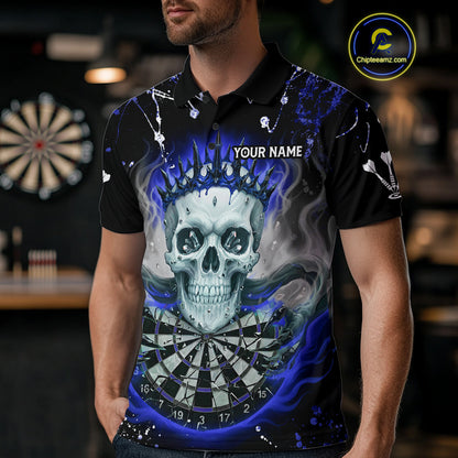 Grey Blue Smoke Crown Skull Dartboard Custom Mens Polo Dart Shirt Splatter Dart Jerseys NYN1774