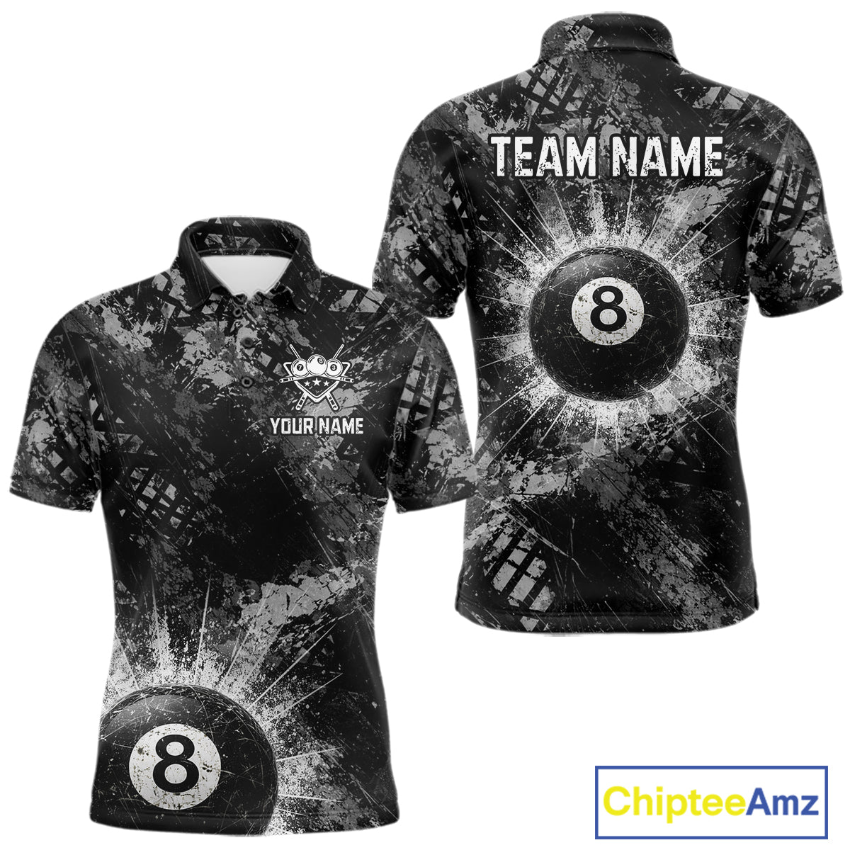 Black White Grunge Pool 8 Ball Billiard Shirt For Men Personalized Ball Billiard Attire Gifts NYN2569