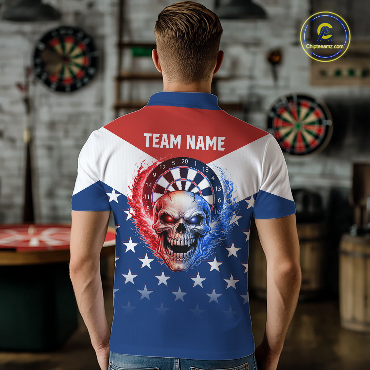 Blue And Red Dartboard Patriotic Dart Polo Shirts For Men Custom Dart Team Jerseys NYN2729