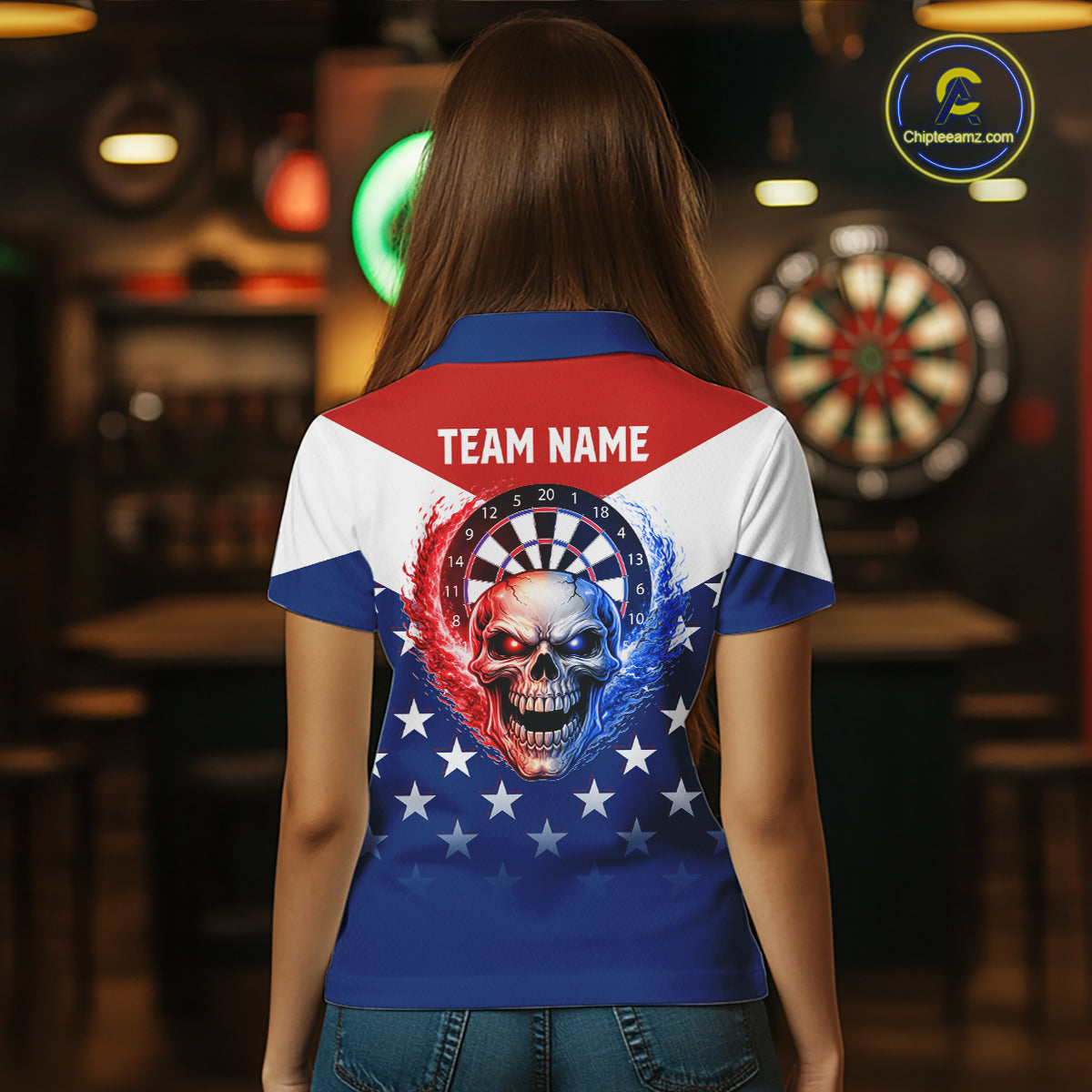 Blue And Red Dartboard Patriotic Dart Polo Shirts For Women Custom Dart Team Jerseys NYN2729