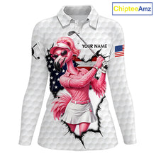 Load image into Gallery viewer, Personalized Funny Flamingo Ladies Golf White Womens Patriot Golf Polo Shirts Custom US Flag Golf Gifts NYN3149