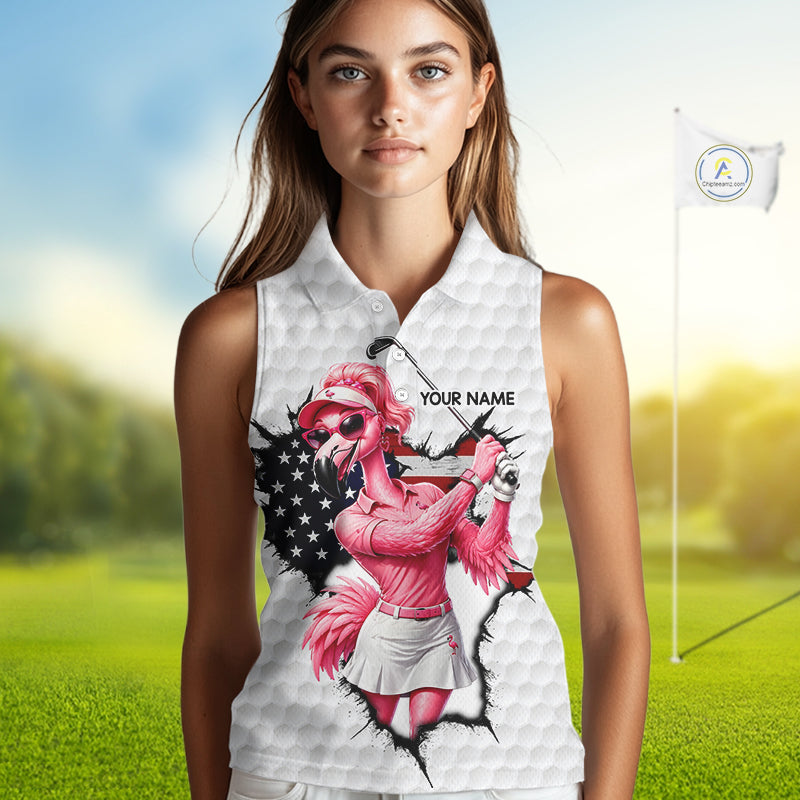 Funny Flamingo Ladies Golf White Womens Patriot Golf Sleeveless Polo Shirts Custom US Flag Golf Gifts NYN3149