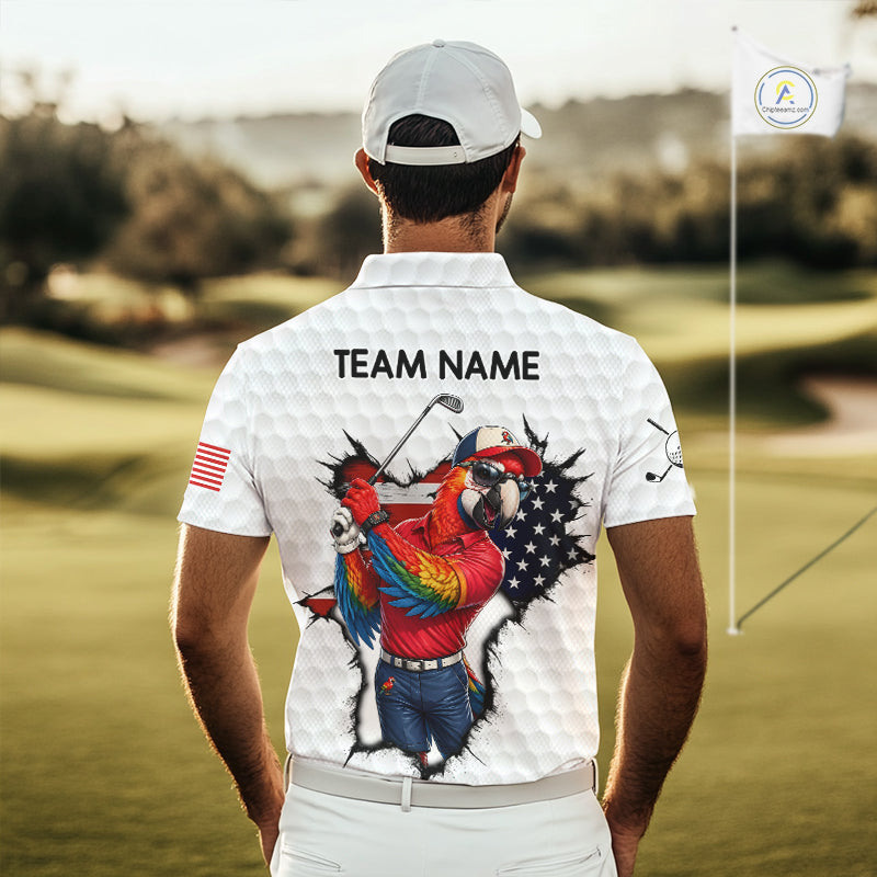 Custom Funny Cool Parrot White Golf Ball Mens Patriot Golf Polo Shirts Custom US Flag Golf Gifts NYN3150