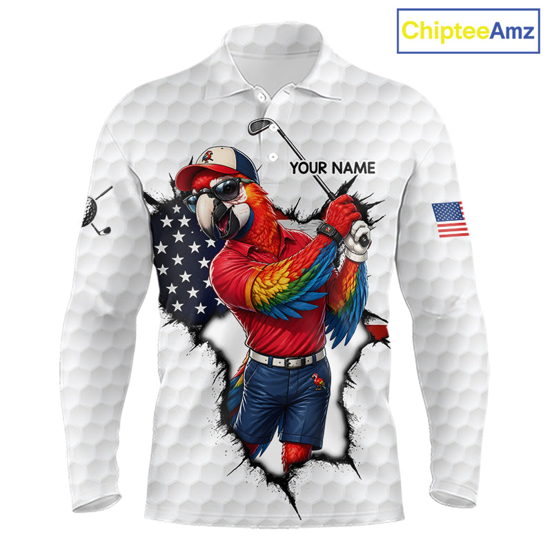 Custom Funny Cool Parrot White Golf Ball Mens Patriot Golf Polo Shirts Custom US Flag Golf Gifts NYN3150