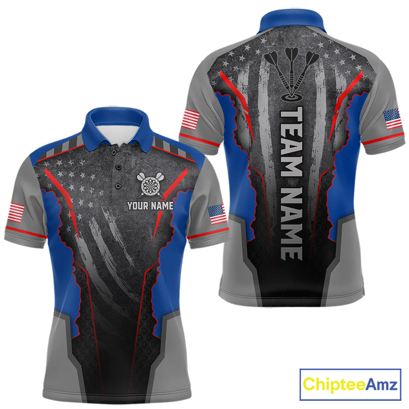 Grunge American flag darts polo shirt for men patriotic dart team jersey