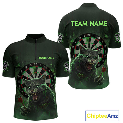 Funny Cat Green Dripping Dartboard Custom Men's Quarter-Zip Darts Shirt Outfits Darts Jersey NYN1801