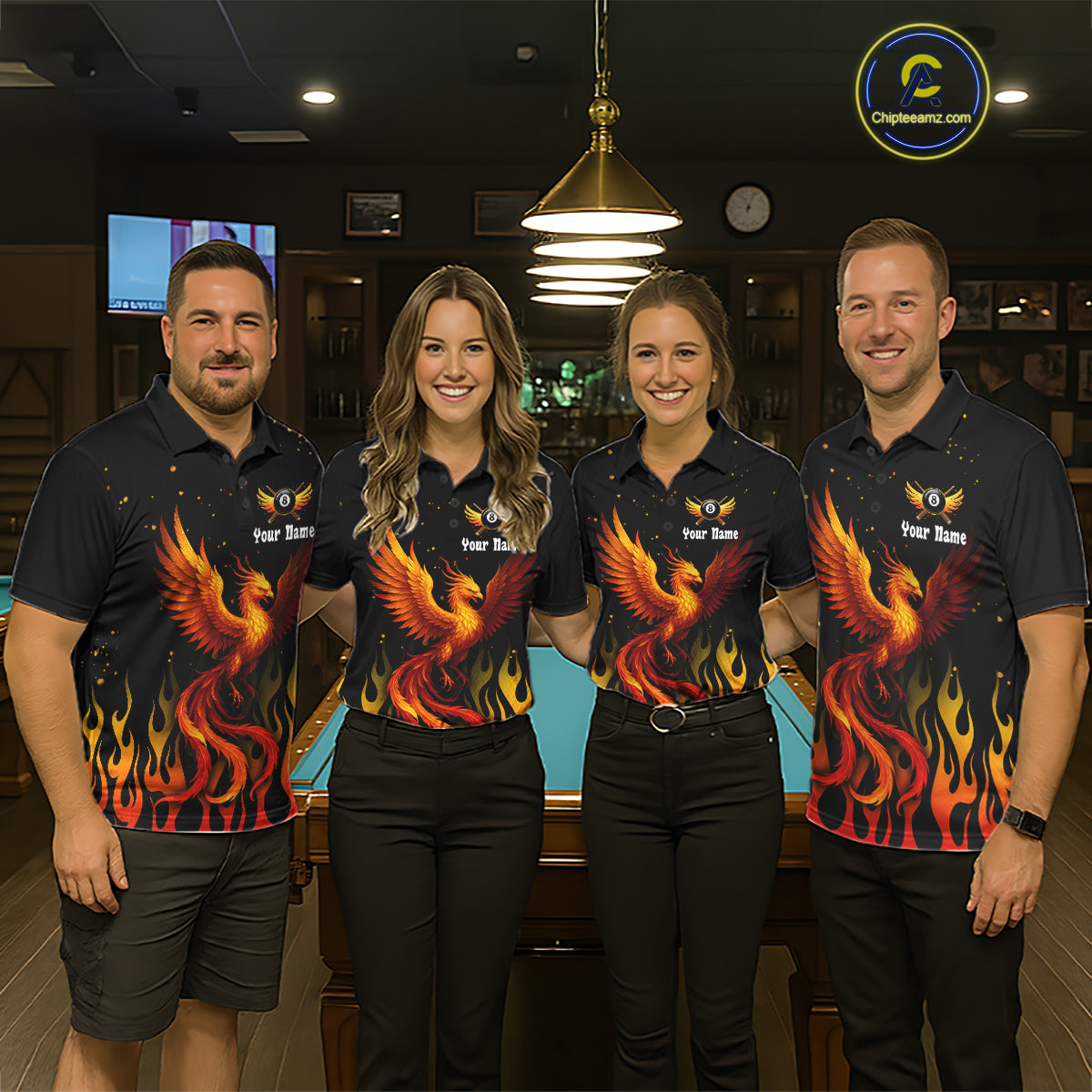Flaming Phoenix Billiard League Shirts For Men Custom Wings 8 Ball Billiard Pool Jerseys NYN2309