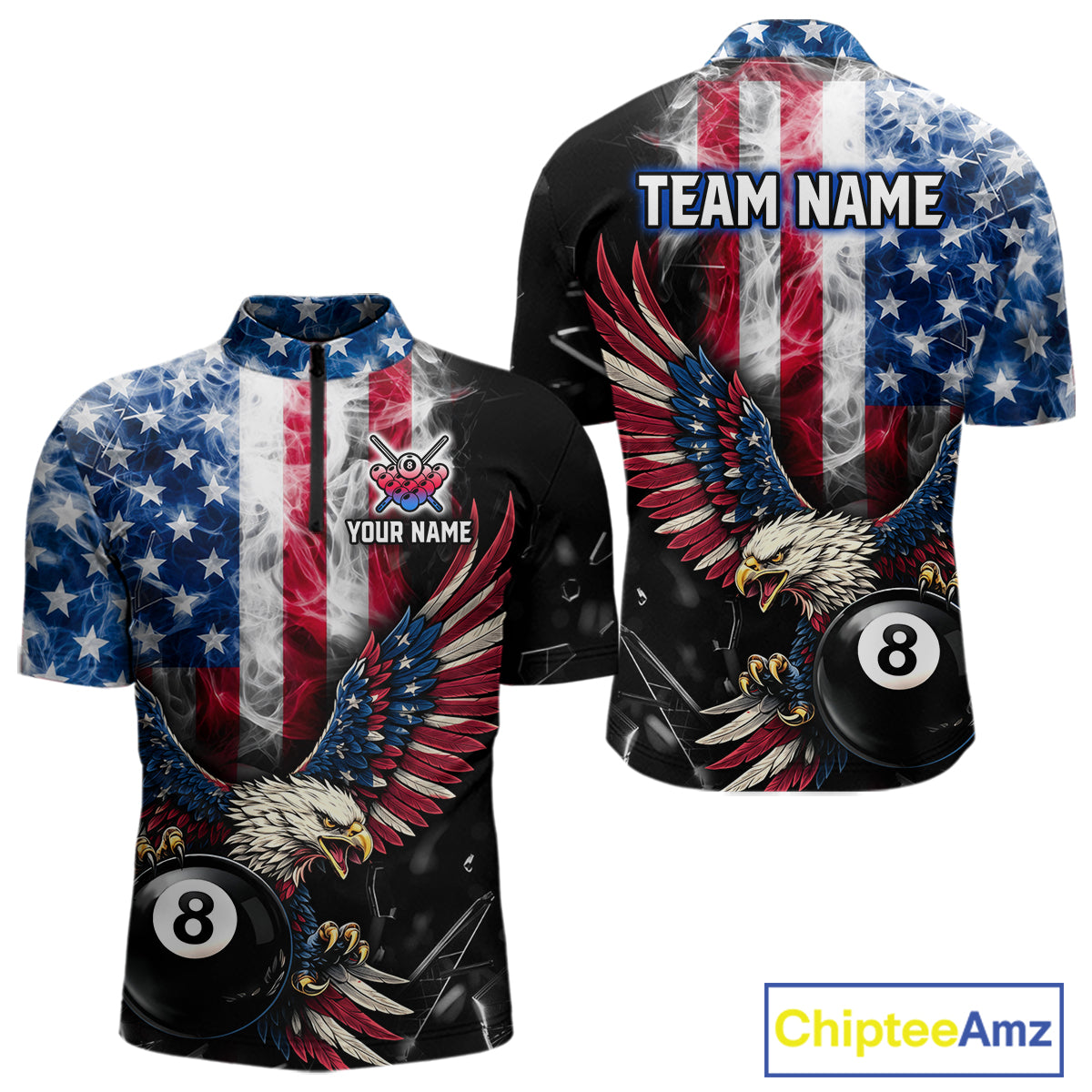 US Flag Smoke Eagle 8 Ball Pool Billiard Shirt For Men Custom Broken Glass Billiard Team Attire NYN2743