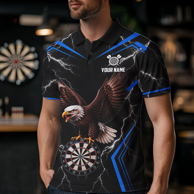 Male model wearing Thunder Lightning Eagle dart polo during tournament, eagle dart jersey, competitive athlete
