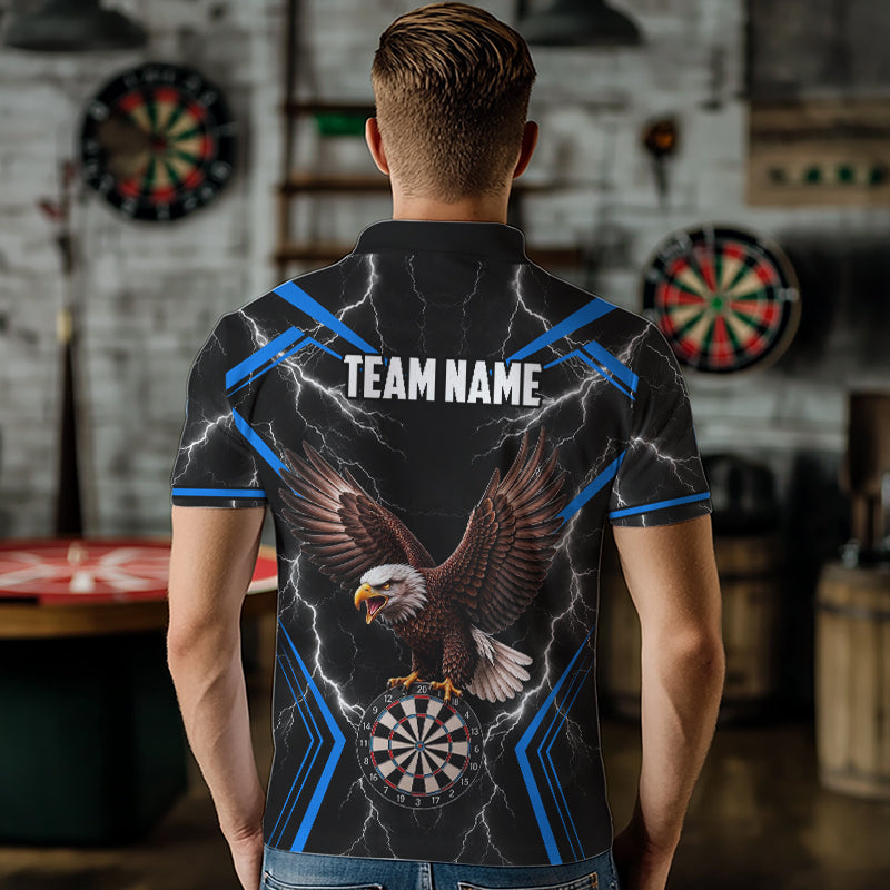 Male model wearing Thunder Lightning Eagle dart polo during tournament, eagle dart jersey, competitive athlete