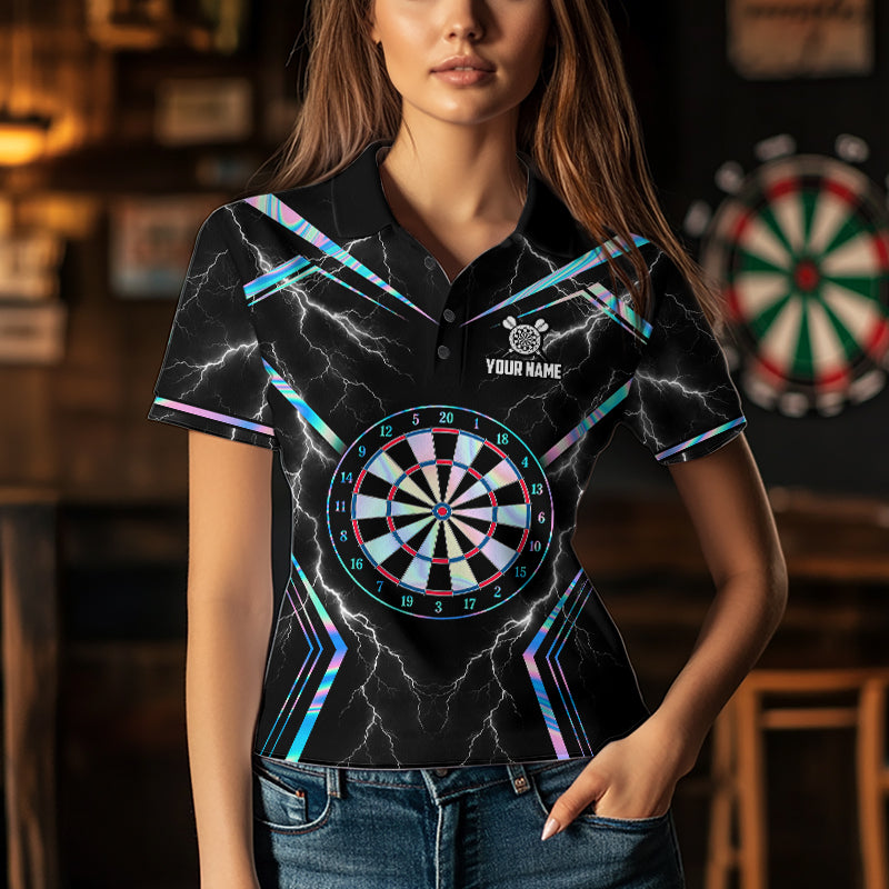 Female model wearing Holographic Thunder dart polo during tournament, futuristic dart fashion, confidence, esports-inspired style