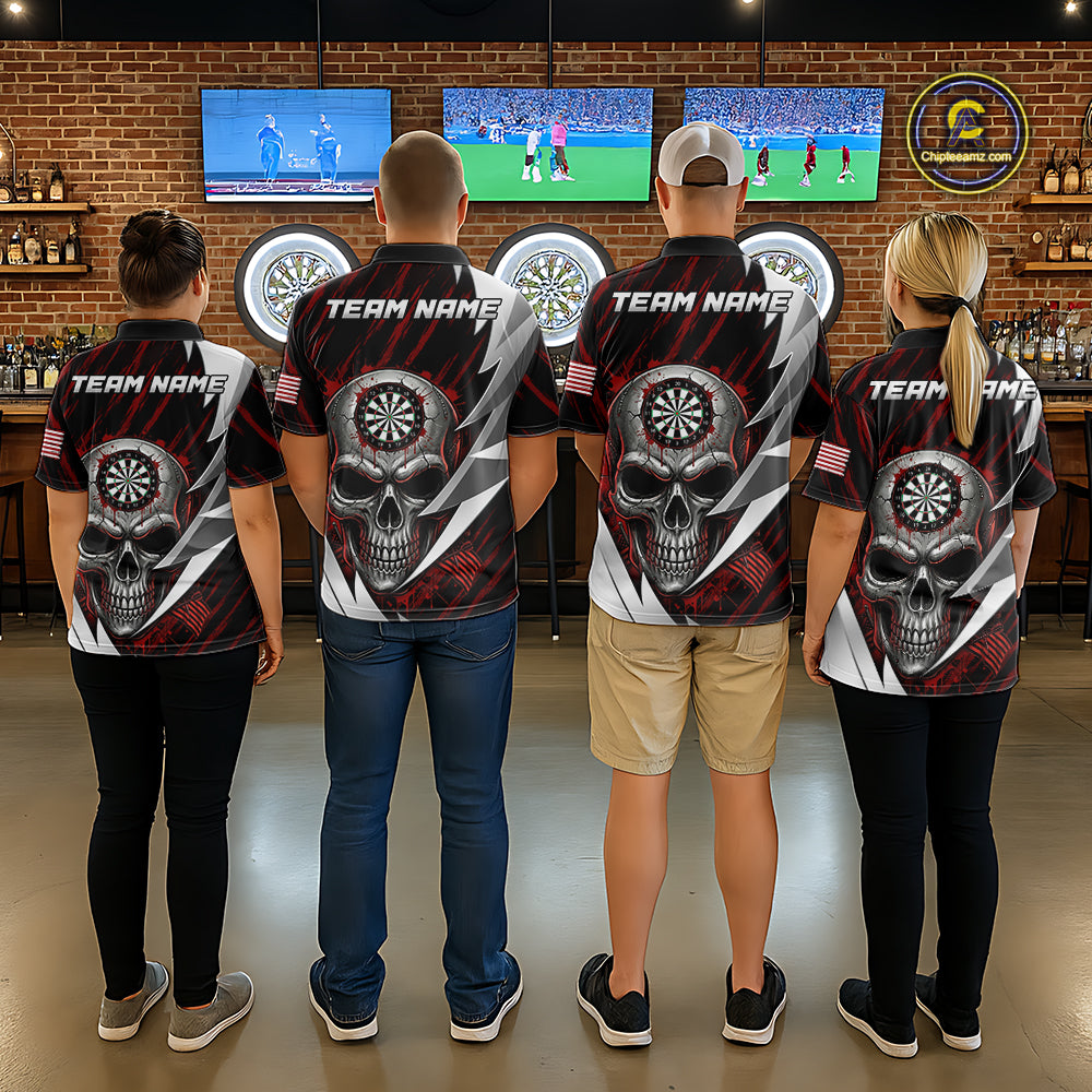 Silver Skull Red Grunge US Flag Women Darts Polo Shirt Custom Name Dart League Jerseys NYN2061