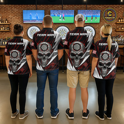 Silver Skull Red Grunge US Flag Women Darts Polo Shirt Custom Name Dart League Jerseys NYN2061