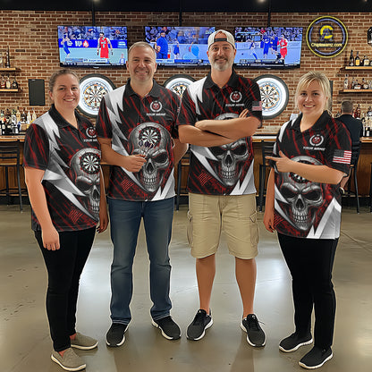 Silver Skull Red Grunge US Flag Women Darts Polo Shirt Custom Name Dart League Jerseys NYN2061