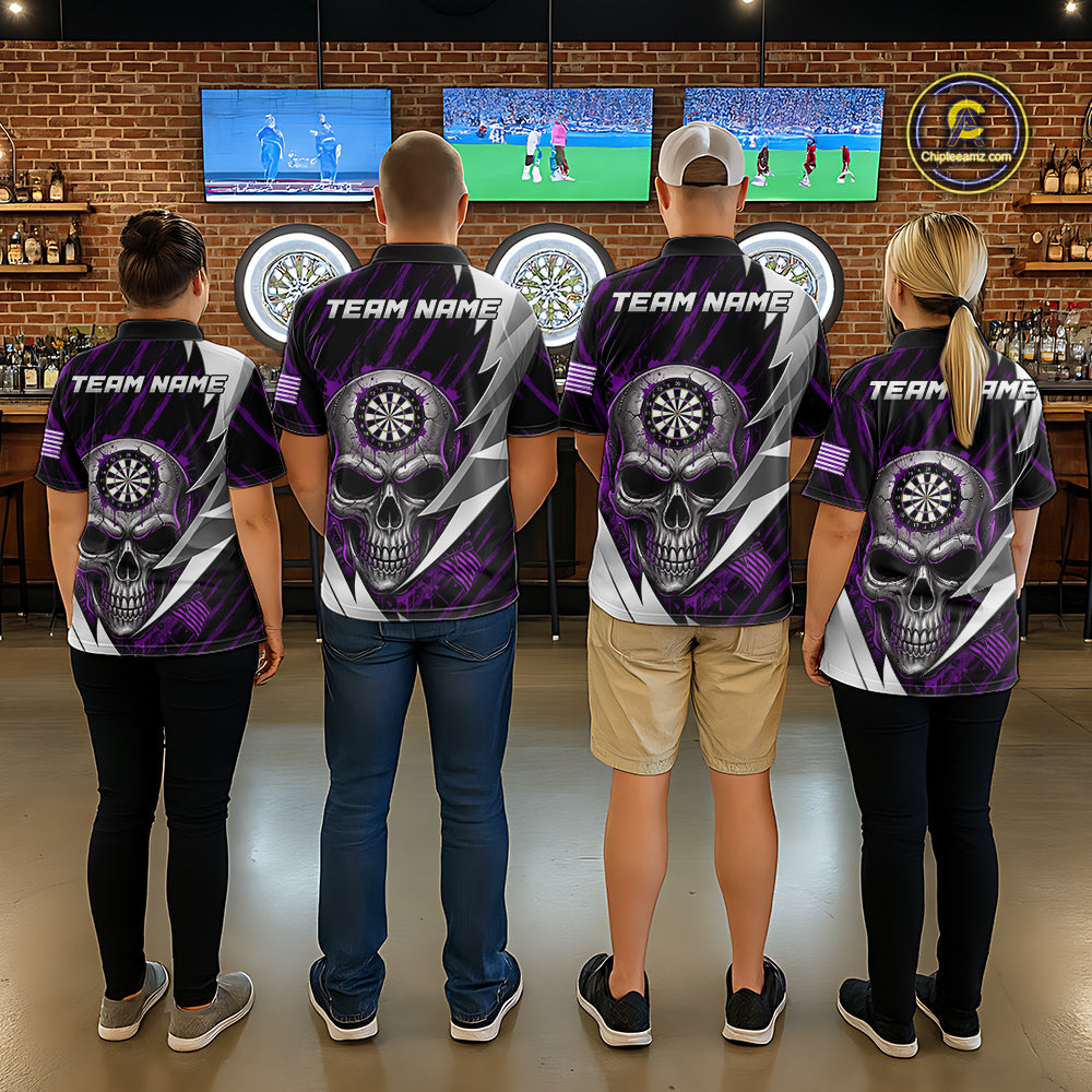 Silver Skull Purple Grunge US Flag Men Darts Polo Shirt Custom Name Dart League Jerseys NYN2062