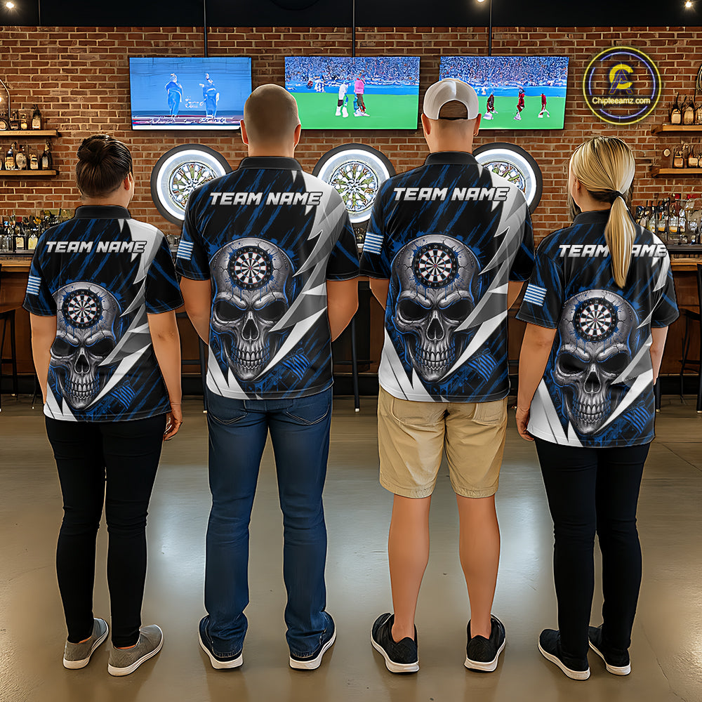 Silver Skull Blue Grunge US Flag Men Darts Polo Shirt Custom Name Dart League Jerseys NYN2063