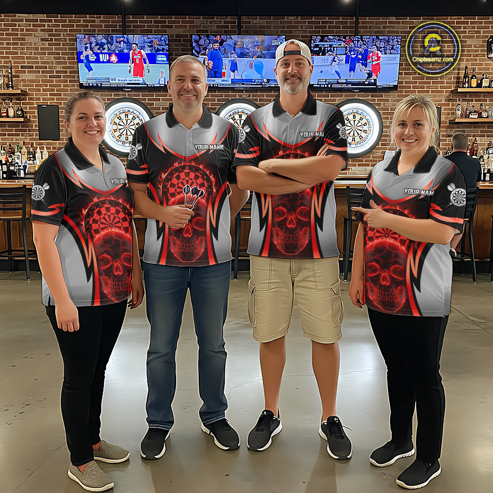 Silver Red Flaming Skull Dartboard Women Darts Polo Shirt Custom Team Dart League Jerseys NYN2071