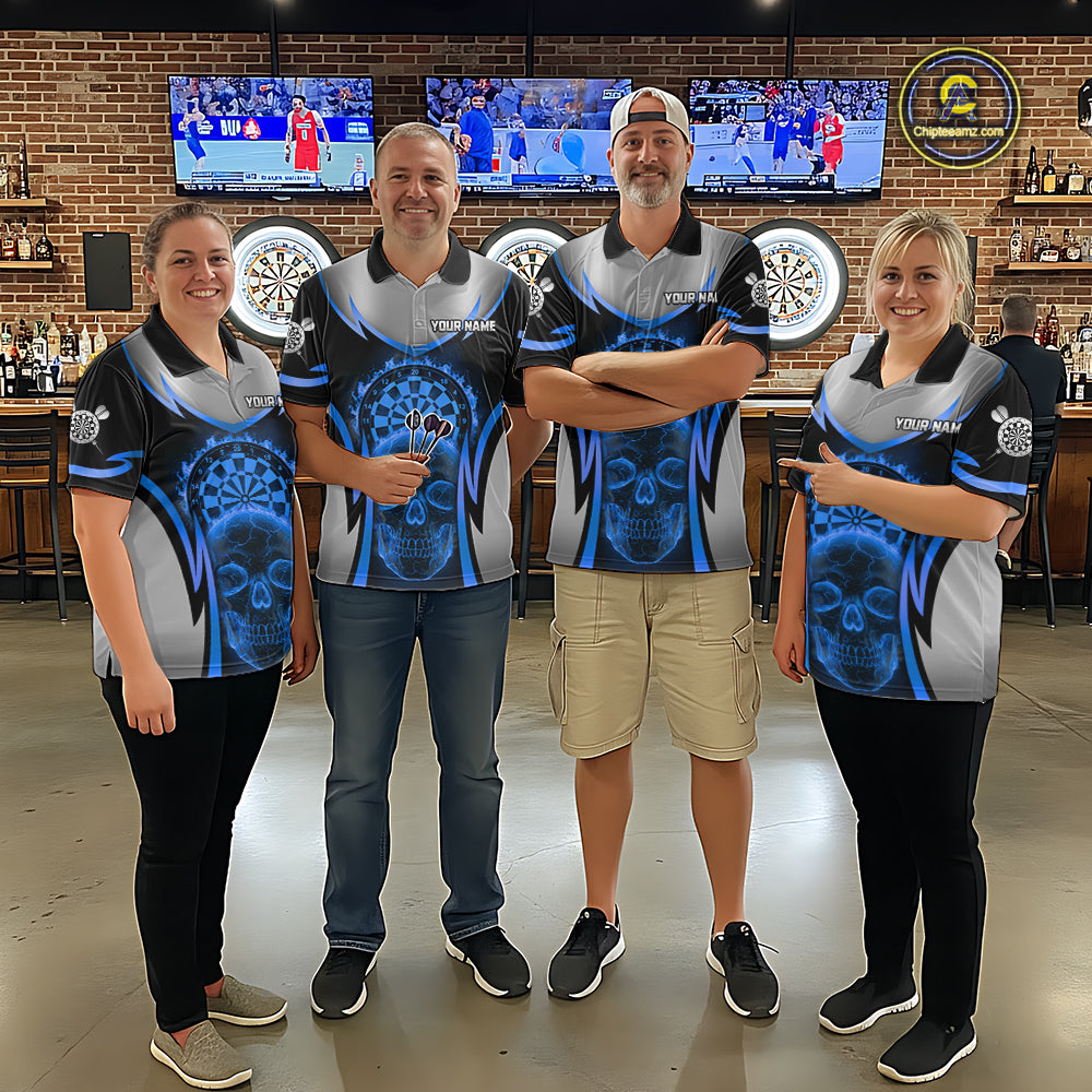 Silver Blue Flaming Skull Dartboard Men Darts Polo Shirt Custom Team Dart League Jerseys NYN2072