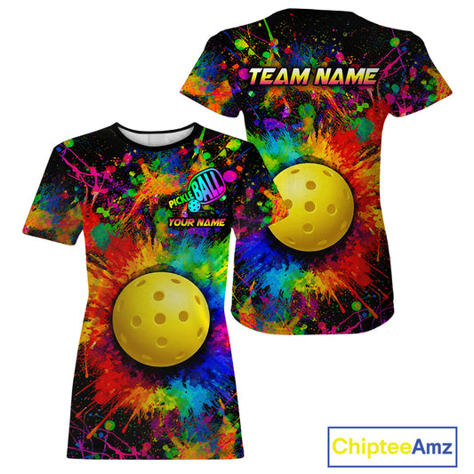 Colorful paint pickleball ball tshirt for women splatter pickleball clothing black