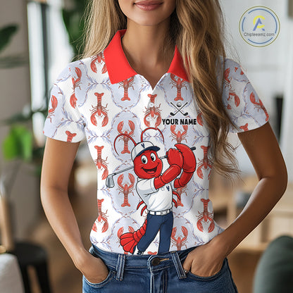 Female golfer wearing personalized Lobster golf polo, coastal golf fashion, golf vacation apparel, golf club uniform, summer golf outfit