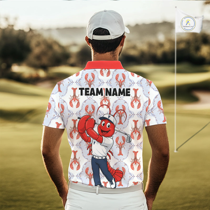 Male golfer wearing Lobster golf polo, coastal golf apparel, custom golf uniform, golf outing clothing, performance golf shirt