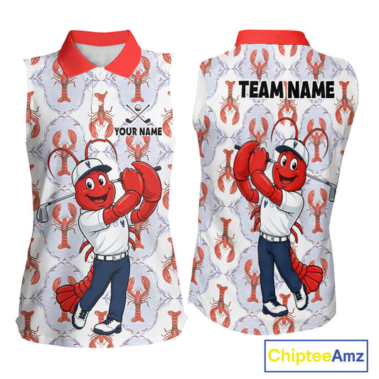 Personalized Lobster women sleeveless golf polo, funny lobster golfer design, coastal golf apparel, summer golf clothing, golf league uniform, beach golf gift