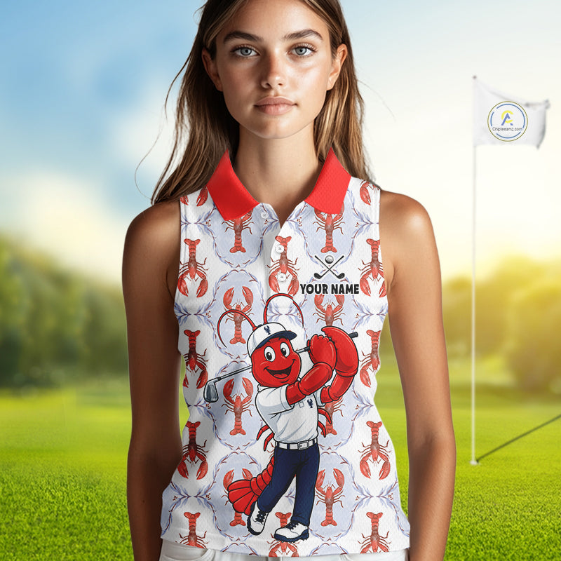 Female golfer wearing personalized Lobster golf polo, coastal golf fashion, golf vacation apparel, golf club uniform, summer golf outfit