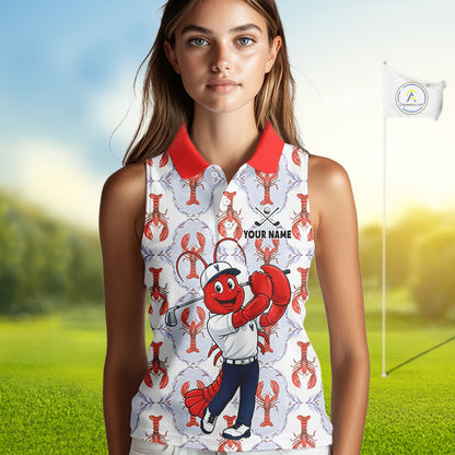Female golfer wearing personalized Lobster golf polo, coastal golf fashion, golf vacation apparel, golf club uniform, summer golf outfit