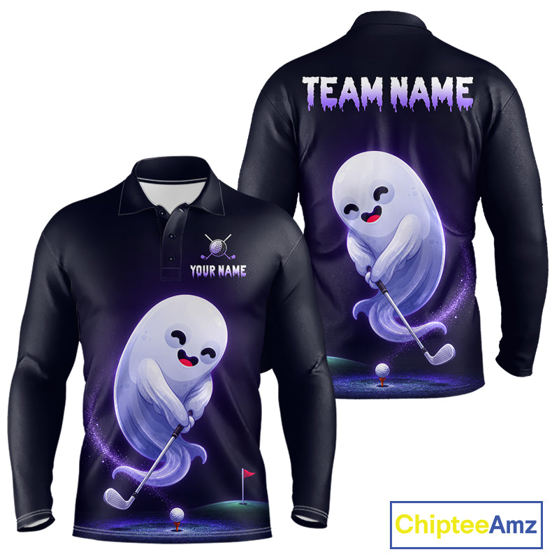Funny Purple Ghost men's golf polo, Halloween golf team shirt, moisture-wicking performance golf apparel, custom golf uniform