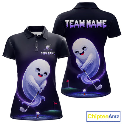 Funny Purple Ghost women's golf polo shirt, Halloween golf apparel, breathable golf uniform, personalized golf team shirt