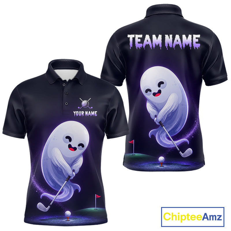 Funny Purple Ghost men's golf polo, Halloween golf team shirt, moisture-wicking performance golf apparel, custom golf uniform