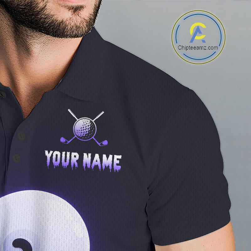 Male golfer wearing Purple Ghost golf polo, Halloween golf clothing, golf tournament apparel, golf club uniform