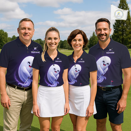 Funny Purple Ghost custom golf team polo, Halloween tournament, ghost symbolizes mystery, imagination, fun, friendship, festive golf apparel, matching golf team uniforms
