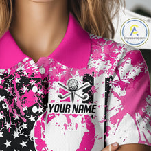 Load image into Gallery viewer, American Flag Splatter Pink Women Golf Polo Shirt Custom Breast Cancer Golf Team Outfits NYN3386