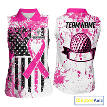 Load image into Gallery viewer, Pink American flag splatter womens golf sleeveless polo breast cancer golf shirt