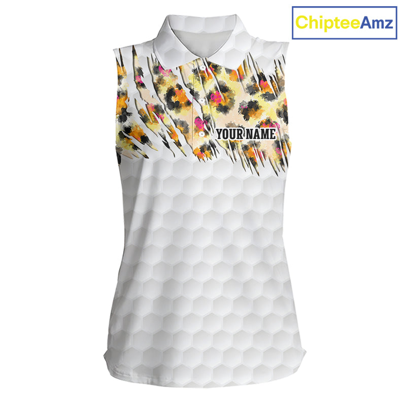 Yellow leopard pattern womens golf sleeveless polo shirt custom golf team outfit