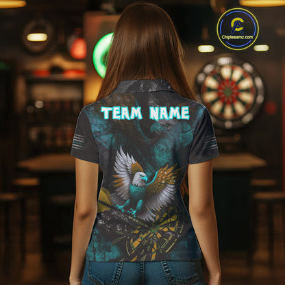 US Flag Eagle Cracked Dartboard Turquoise Women's Darts Shirt Custom Name For Players | Opt2 NYN0691