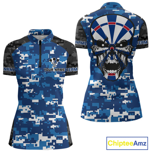 Blue And Black Camo Skull Dartboard Women's Darts Shirt Custom Name For Darts Jersey NYN0694