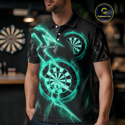 Custom Lightning Turquoise And Black Darts Polo Shirt For Men Darts Tournament Jerseys NYN0952