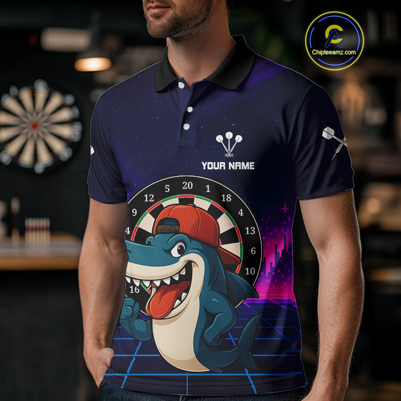 Neon Shark & Dartboard Custom Funny Polo Shirt For Men - Darts Team Jersey NYN0709
