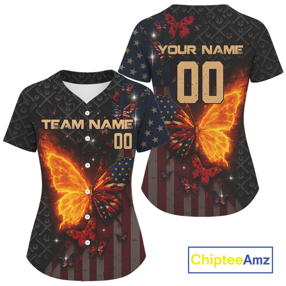 Custom US Flag Patriotic Baseball Shirt For Women Outfit Flame Butterfly Baseball Jerseys NYN1330