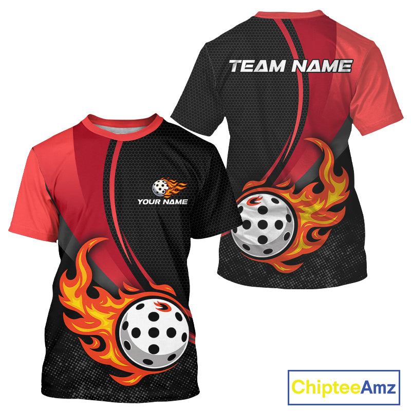 Custom Black And Red Flames Pickleball Ball T-Shirt For Men Outfits Pickleball Jerseys NYN1338