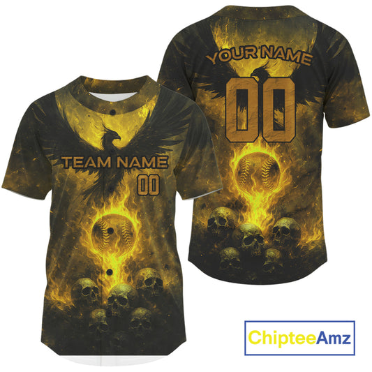 Custom Yellow Flames Phoenix Baseball Ball Jersey For Men Skull Baseball Tournament Shirt NYN0972