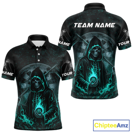 Custom Black-Turqoise Flames Skull Dartboard Darts Polo Jerseys For Men, Darts Fan Uniform NYN0985