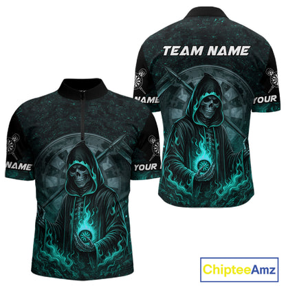 Custom Black-Turqoise Flames Skull Dartboard Darts 1/4-Zip Jerseys For Men, Darts Fan Uniform NYN0985