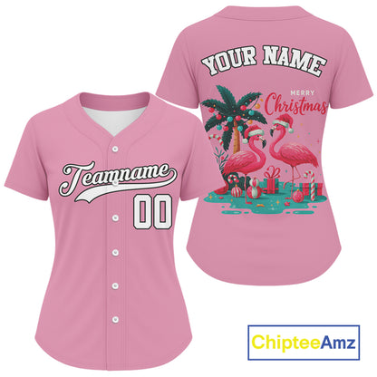 Custom Pink Flamingo Merry Christmas Baseball Shirt For Women Xmas Baseball Jerseys NYN1355